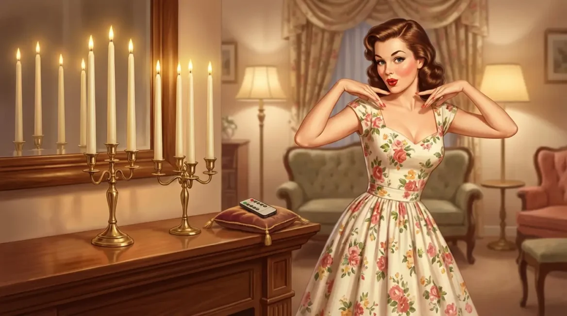 50s style illustration of a woman posing before flameless candles