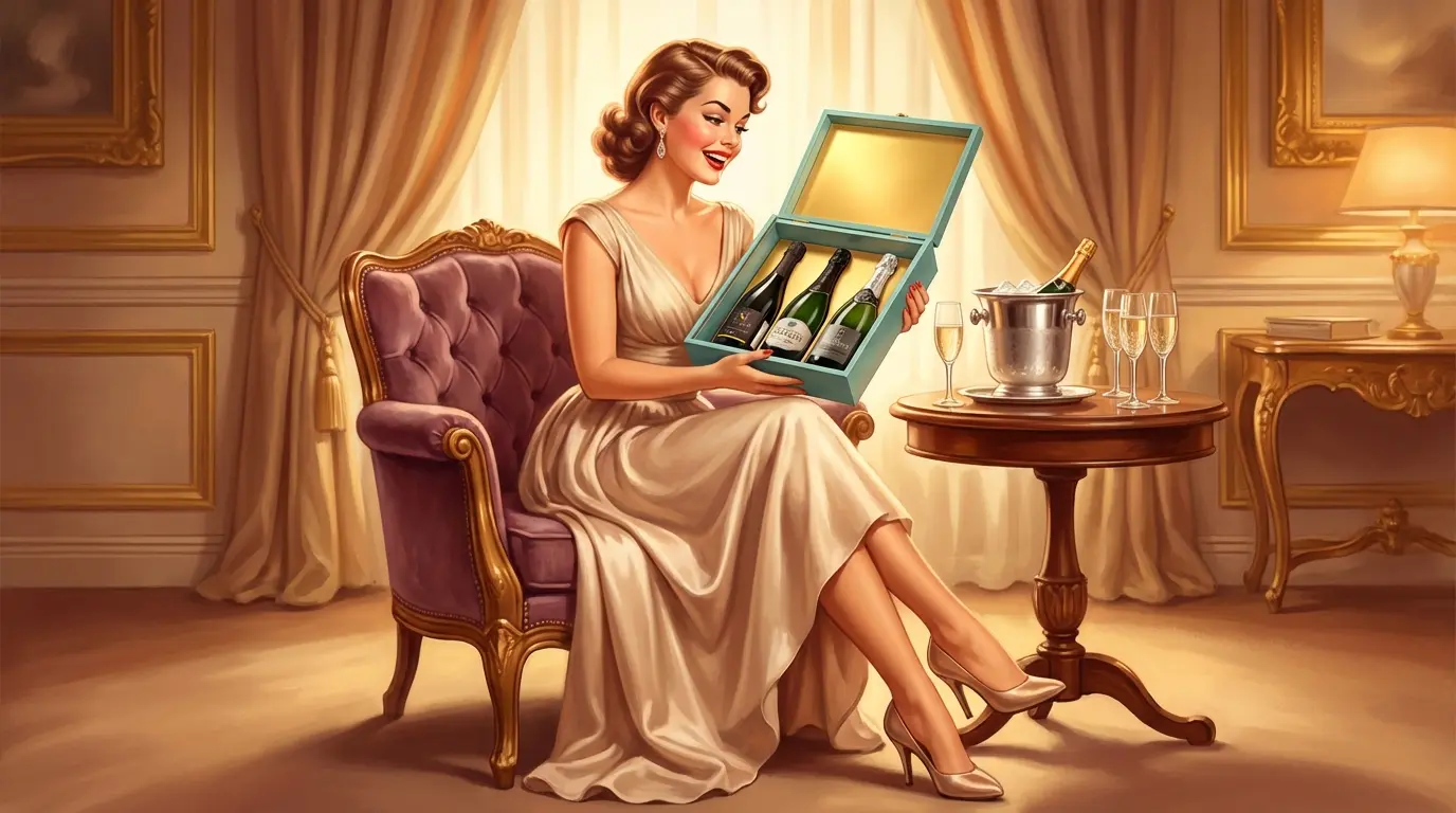 50's style illustration of a woman holding a box with a Grand Assembly of Crémants