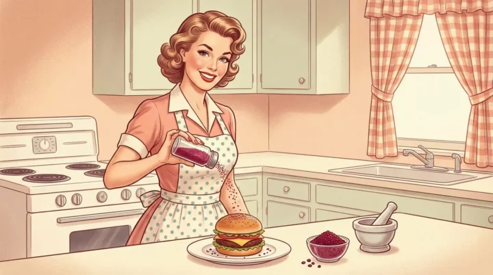 A retro image of a woman seasoning her burger