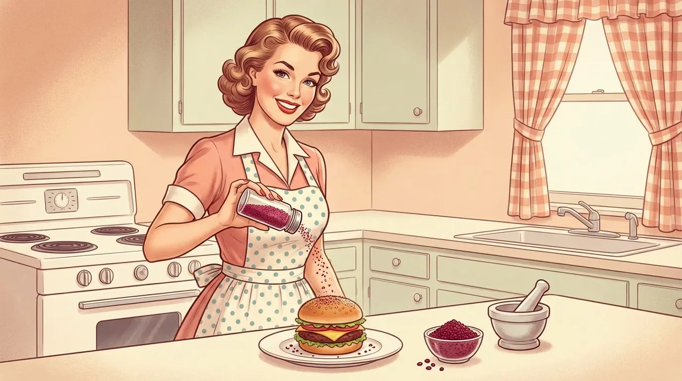 A retro image of a woman seasoning her burger
