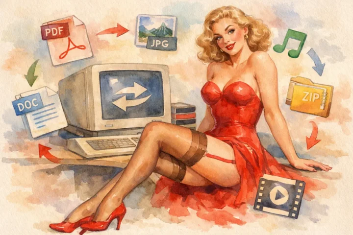 50s retro style image of a woman surrounded with file types