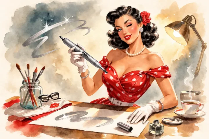 50s retro style image of a woman holding a silver sharpie